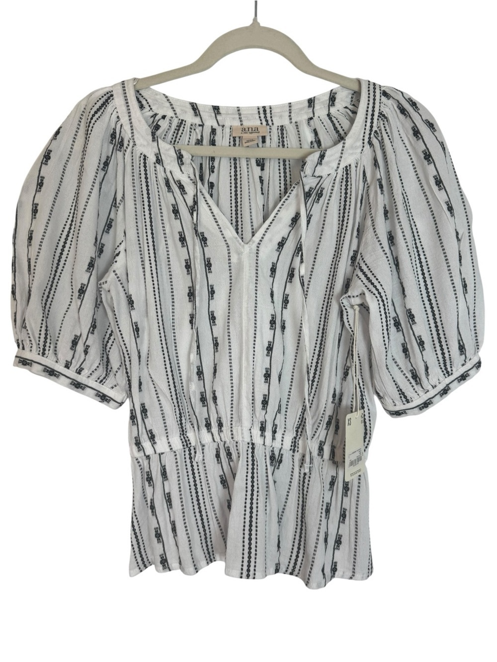 NWT A.N.A Puff-Sleeve Gauze Peplum XS Top in White with Black Stripe
